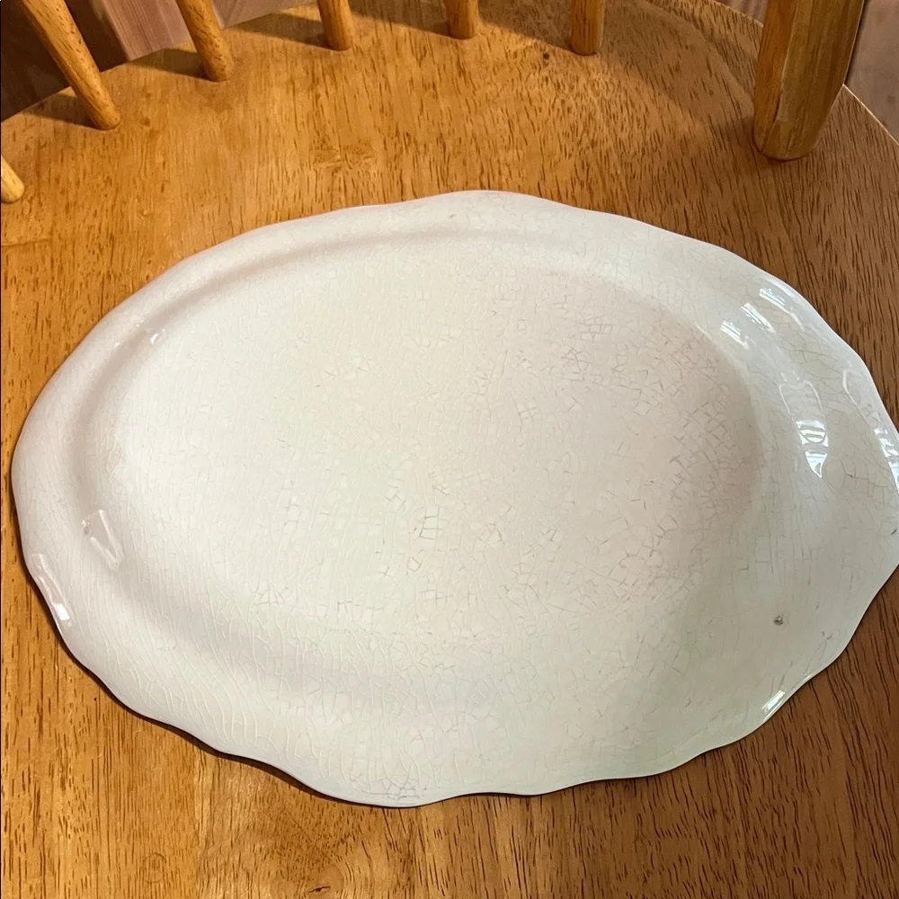 Vintage White Ceramic Serving Platter with Pink Floral Motif Farmhouse